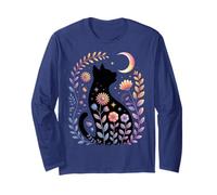 Midnight Cat and Crescent - Enchanted Lunar Garden Scene Long Sleeve T-Shirt