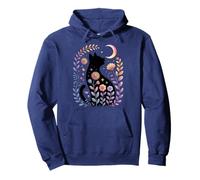 Midnight Cat and Crescent - Enchanted Lunar Garden Scene Pullover Hoodie