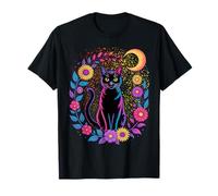 Midnight Cat and Crescent - Enchanted Lunar Garden Scene T-Shirt