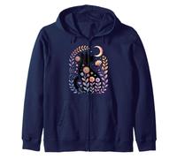 Midnight Cat and Crescent - Enchanted Lunar Garden Scene Zip Hoodie