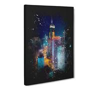 Midnight Dreams In Hong Kong Paint Splash Modern Canvas Wall Art Print Ready to Hang, Framed Picture for Living Room Bedroom Home Office Décor, 24x16 Inch (60x40 cm)