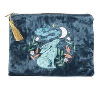 Midnight Hare Velvet Makeup Bag - Steel Blue Cosmetic Pouch with Moon-Gazing Rabbit Design - Compact Travel Toiletry Bag - Soft Velvet Gift for Women & Teens