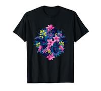 Midnight Jungle Flowers Pink Lily Hibiscus Bloom T-Shirt
