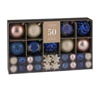Midnight Luxury Tree Decoration Hanging Balls and Stars - Christmas Collection Baubles Covered in Gorgeous Design, Pack of 50 Plastic Ornaments for Festive Environment (Blue)