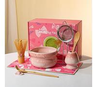 MIDNIGHT MANTRA Pink Matcha Set 8 Piece - Japanese Matcha Tea Set with Bamboo Whisk, Bowl, Scoop & Holder - Complete Matcha Kit for Traditional Tea Ceremony - Gift Set for Matcha Lovers