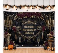 Midnight Masquerade Wedding Theme Mask Halloween Backdrop Banner 83x59 Inch | Gothic Floral Accents, Photography Backdrop, Ornate Gold Frame Design, Elegant Velvet Drapery Visual
