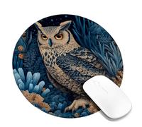 Midnight Owl Mouse Pad, Blue Beige Illustrated Owl Design, Rubber Non-Slip Washable Mousepad for Home Office Computer, Gaming & Work Round 8x8 Inch