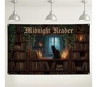 Midnight Reader Backdrop, Vintage Library Wall Decor, Dark Green Cat and Books Photography Background, Cozy Indoor/Outdoor Setting for Parties and Events 71x43 Inch