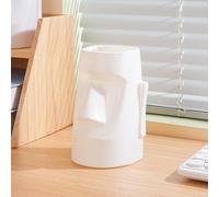 Midnight Suprise Moai Statue Pen Holder with Glasses Stand - Creative Desk Organizer Pencil Cup for Office, Makeup Brushes & Accessories (White)