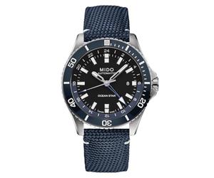 MIDO Ocean Star GMT - Swiss Automatic Watch for Men - 44mm Stainless Steel Case with Rotating Bezel, Black on Blue Fabric, Diving Watch