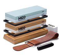 MIDO Professional Abrasive Kitchen Knife Sharpening Stone, 4 Grit Sizes 400/1000/3000/8000, Whetstone Set with Non-Slip Wood Base and Flattening Stone