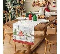 Midsummer Breeze Christmas Table Runner - Red Cabin in Snow, 18”x90” inches Long, Winter Dining Holiday Décor