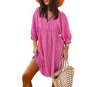 miduo Womens Casual V Neck Summer Half Sleeve Bohemian Floral Mini Tunic Short Dresses, Hot Pink, Large