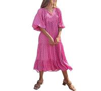 MIDUO Womens Loose Fit Casual Summer V Neck Half Sleeve Bohemian Geometric Pattern Maxi Long Dresses, A Hot Pink 15, S