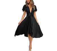 miduo Womens Satin V Neck Ruffle Short Sleeve Tie Front High Waist Midi A-Line Maxi Dresses, A Black 01, Large