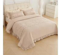 MiDuoHU Quilted Bedspread 2 Persons, 100% Cotton with Lace Trim, Solid Color, Coverlet Bed Throw 3 Pcs and Pillowcases(Coffee)