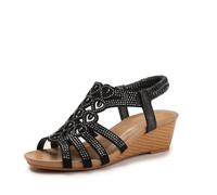 MiDuoHU Women Bohemian Sandals - Summer Rhinestone-embellished Open Toe Platform Wedge Sandals(Black,6 UK)