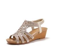 MiDuoHU Women Bohemian Sandals - Summer Rhinestone-embellished Open Toe Platform Wedge Sandals(Camel,5.5 UK)