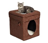 MidWest Homes for Pets Feline Nuvo Curious Cat Cube, Foldable Pet Hideout with Toy, Bolstered Bed Top, Faux Brown Suede, Synthetic Sheepskin