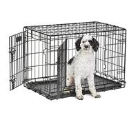 MidWest Homes for Pets Newly Enhanced Life Stages Double Door Medium Folding Metal 76.2cm (30-Inch) Long Dog Crate w/Divider Panel, Floor Protecting Feet, Leak-Proof Dog Pan, Medium Dog, Black, 1630DD