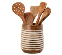 Mie Creations Boho 7'' Large Utensil Holder for Kitchen Counter | Handcrafted Wooden Utensils Crock Cooking Spatula Organizer | Gifts for Mom, Utensil Holder Caddy, Countertop Supplies- White Lining