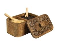 Mie Creations Duet Salt and Pepper Box Cellar with Hand Carved Lid & 2 Spoons, Rustic Wooden Pinch Bowls with 2 large Compartments | Wood Salt Storage Keeper, Spice Bowls for Kitchen Cooking