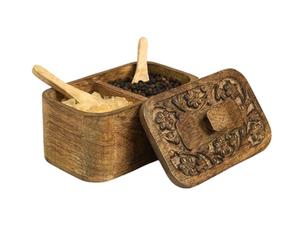 Mie Creations Duet Salt and Pepper Box Cellar with Hand Carved Lid & 2 Spoons, Rustic Wooden Pinch Bowls with 2 large Compartments | Wood Salt Storage Keeper, Spice Bowls for Kitchen Cooking
