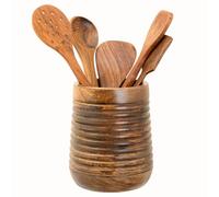 Mie Creations Rustic 7'' Large Utensil Crock Holder for Kitchen Countertop | Wooden Cooking Spatula Organizer for Party, Mother's Day Wood Utensils Caddy, Vintage Kitchen Counter Decor-Dark Brown