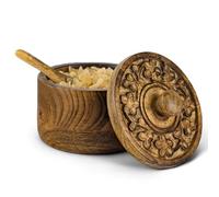 Mie Creations Rustic Salt Box Cellar with Hand Carved Lid & Spoon, Wooden Salt Pinch Bowls | Wood Salt Pepper Keeper, Spice Bowls for Cooking, Sugar Holder for Kitchen, Mothers Day Gifts for Mom