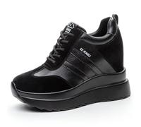 MIEHUIAI High Heeled Wedge Trainers for Women Leather Platform Chunky Trainers Ladies Lace Up Hidden Wedge Heel Trainers 10CM(Black,Size 6)
