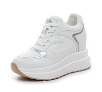 MIEHUIAI Wedge Trainers for Women High Heeled Sneakers Ladies Lace Up Breathable Platform Walking Shoes Hidden Heel 10CM(Beige,2.5 UK)