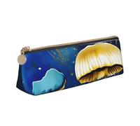 MIEKGPS Blue and Gold Jellyfish print personalized Leather Pencil Case Bag Makeup Cosmetic Holder Pouch Stationery Bag
