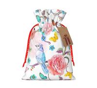 MIEKGPS Romantic Fancy Floral Birds Butterfly print Drawstring Fabric Gift Bags, Reusable Gift Wrap Party Favor Bags Birthday Party