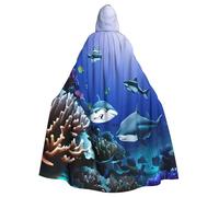 MIEKGPS Shark Swimming Under the Sea Print Hooded Cloak Halloween Costume, Long Robe Cape Costume for Adults, Women and Men