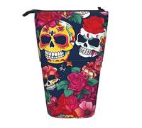 MIEKGPS Sugar and Skulls and Flowers print Stand Pencil Holder Telescopic Cute Pencil Case fun Cosmetic Portable Makeup Bag