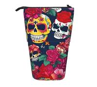 MIEKGPS Sugar and Skulls and Flowers print Stand Pencil Holder Telescopic Cute Pencil Case fun Cosmetic Portable Makeup Bag