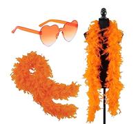 Mienocol 2pcs Orange Feather Boas & Heart Rimless Sunglasses Set,6.6ft/2M Natural Turkey Feathers Scarf 80g Party Fluffy Feather Boa Fancy Dress Girls Women Dancing Party Halloween Xmax Party Costume
