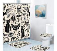 MIEPOS Goth Black Cat & Skull 4-Piece Shower Curtain Set Gothic Bathroom Sets - Waterproof Polyester Curtains (72x72 in), Non-Slip Bath Mat, U Shape Rug, and Toilet Lid Cover, Halloween Decor Gifts