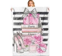 MIEPOS Paris Glam Throw Blanket, 50x60in, Soft, Lightweight Flannel, Chic Fashion Print with Heel Perfume, Book Flower Black and Pink Girly Blankets, Gifts for Women, for Home Living Room Decor
