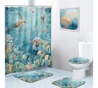 MIEPOS Sea Turtle 4PCS Shower Curtain Set Coral Jellyfish Fish Colorful Bathroom Sets - Waterproof Polyester Playful Curtains,Non-Slip Bath Mat,U Shape Rug,Toilet Lid Cover,Home Decor Gifts Women