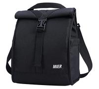 MIER Insulated Lunch Bag Roll Top Lunchbox for Women Men Adults Foldable Rolltop Lunch Tote with Shoulder Strap for Work Office Picnic, Water Bottle Holder, Black