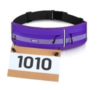 MIER Running Belt for Women & Men, Fanny Pack with Marathon Bib Clip Purple | Slim Adjustable Phone Holder Pouch; Reflective Waist Packs for Running Essentials; Waterproof Zipper Pockets