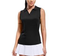 MIER Women's Sleeveless Golf Polo Shirts Dry Fit Collared Tank Tops V Neck Ribbed Athletic Tennis Shirt, Moisture Wicking, Black, S