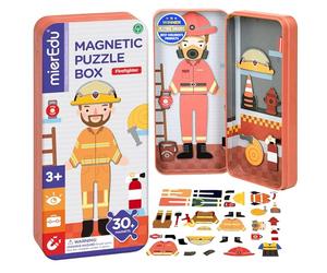 mierEdu Magnetic Puzzle Tin - Firefighter Dress-Up Game - Ages 3+ | 30+ pieces for career-themed play; compact case for travel; screen-free fun; builds focus, coordination and motor skills
