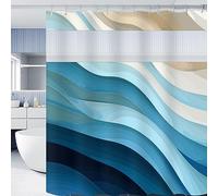 Miesherk Blue Geometric Gradient Striped Shower Curtain with Mesh Top Window,Modern Aesthetic Waterproof Bathroom Curtains with 12 Hooks，Marble Ocean Wave Shower Curtain 180x180 cm