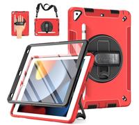Miesherk Case for iPad 9th Generation: Military Grade 3-Layer Full Body Protective Cover for iPad 8th/7th Gen 10.2 inch-Screen Protector-Pen Holder-360 Rotating Stand-Hand/Shoulder Strap-Black+Red