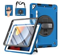 Miesherk Case for iPad 9th Generation: Military Grade 3-Layer Full Body Protective Cover for iPad 8th/7th Gen 10.2 inch-Screen Protector-Pen Holder-360 Rotating Stand-Hand/Shoulder Strap-Black+Blue