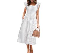 Miessial Womens Summer Smocked Midi Dress Casual Flutter Sleeve Long Boho Flowy A Line Church Modest Dresses with Pockets, White Stripe, 12