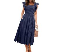 Miessial Womens Summer Smocked Midi Dress Casual Flutter Sleeve Long Boho Flowy A Line Church Modest Dresses with Pockets, Navy Blue Stripe, L