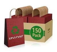 MIEVU 150 Pcs Kraft Paper Gift Bags with Handles, 8.25x4.3x10.6 Inch RED Shopping Bags, Bulk Small Size Grocery bags for Retail, Merchandise, Party, Recycled Bulk Craft Bag